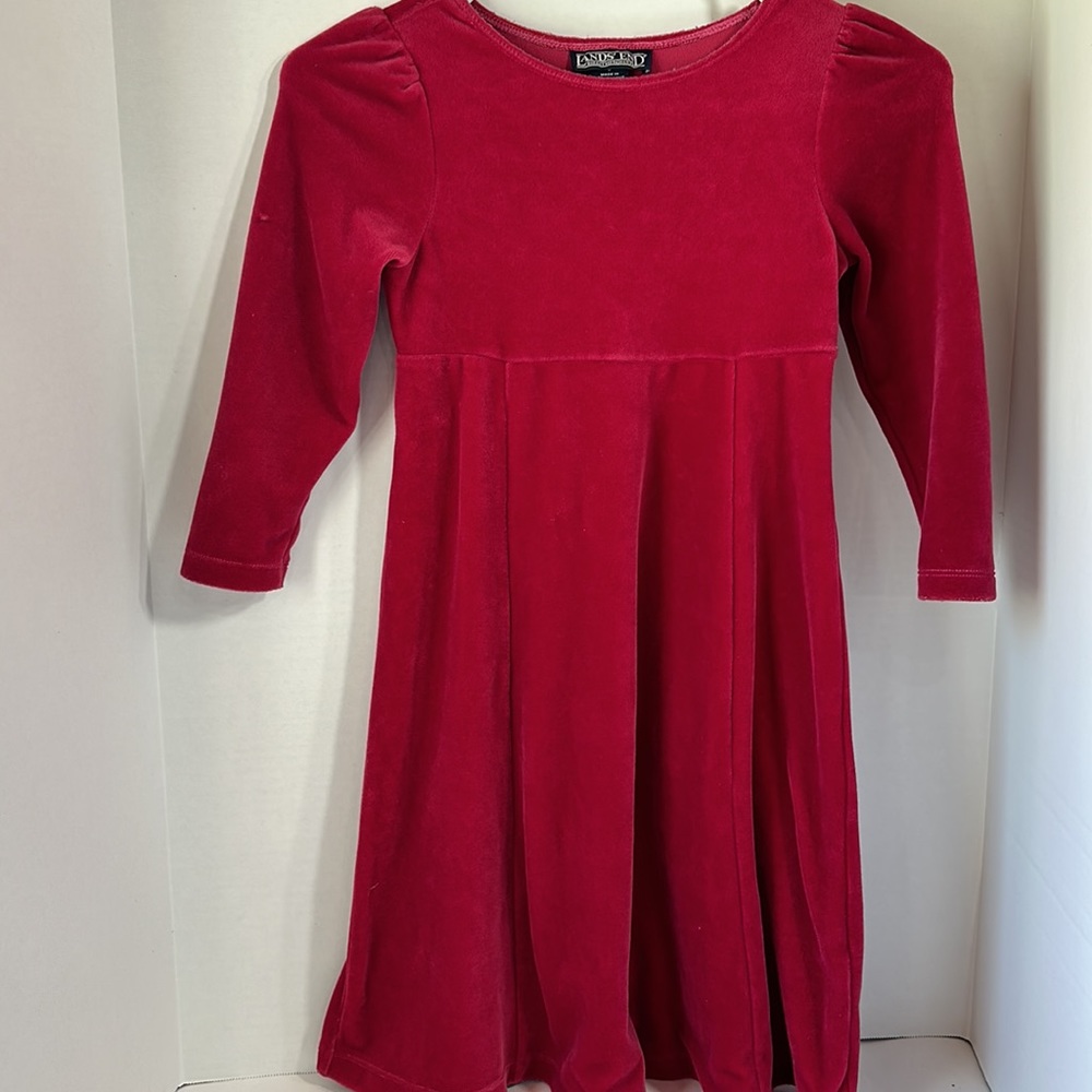 Lands end girls long sleeve velour dress red size 5
